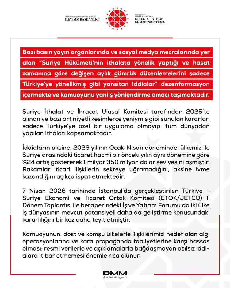DMM’den 'Suriye Türkiye’ye ek gümrük vergisi uyguladı' iddialarına yalanlama