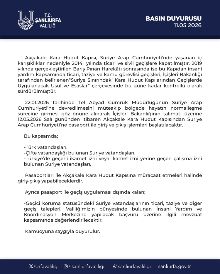 Akçakale Sınır Kapısı’nda pasaportlu geçişler 12 yıl sonra yeniden başlıyor