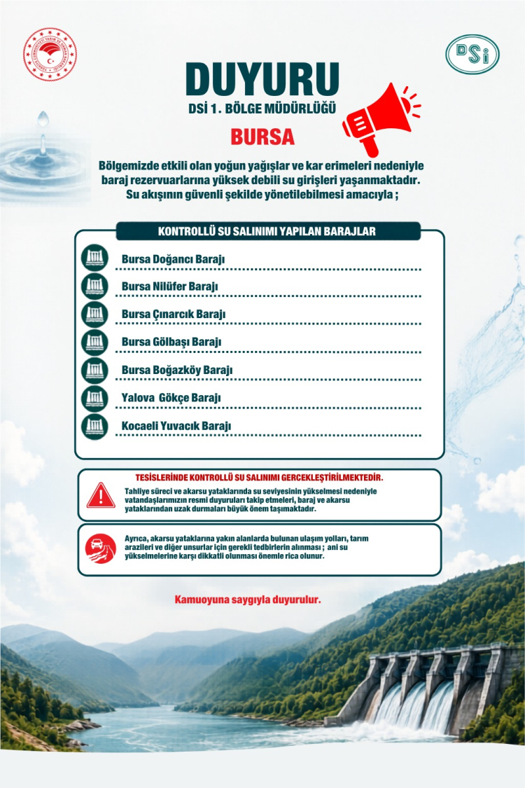 DSİ Bursa ve çevre barajlarında kontrollü su salınımı başlattı