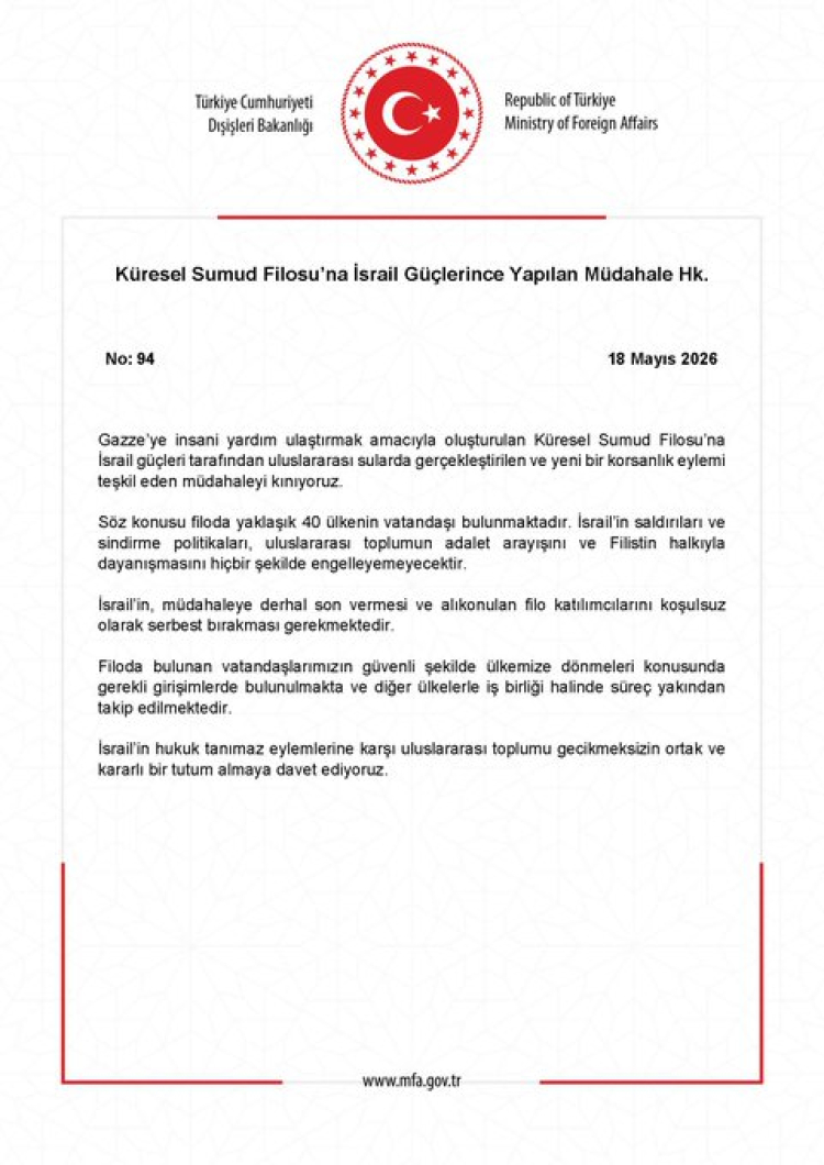 Dışişleri'nden İsrail’in filo müdahalesine sert tepki