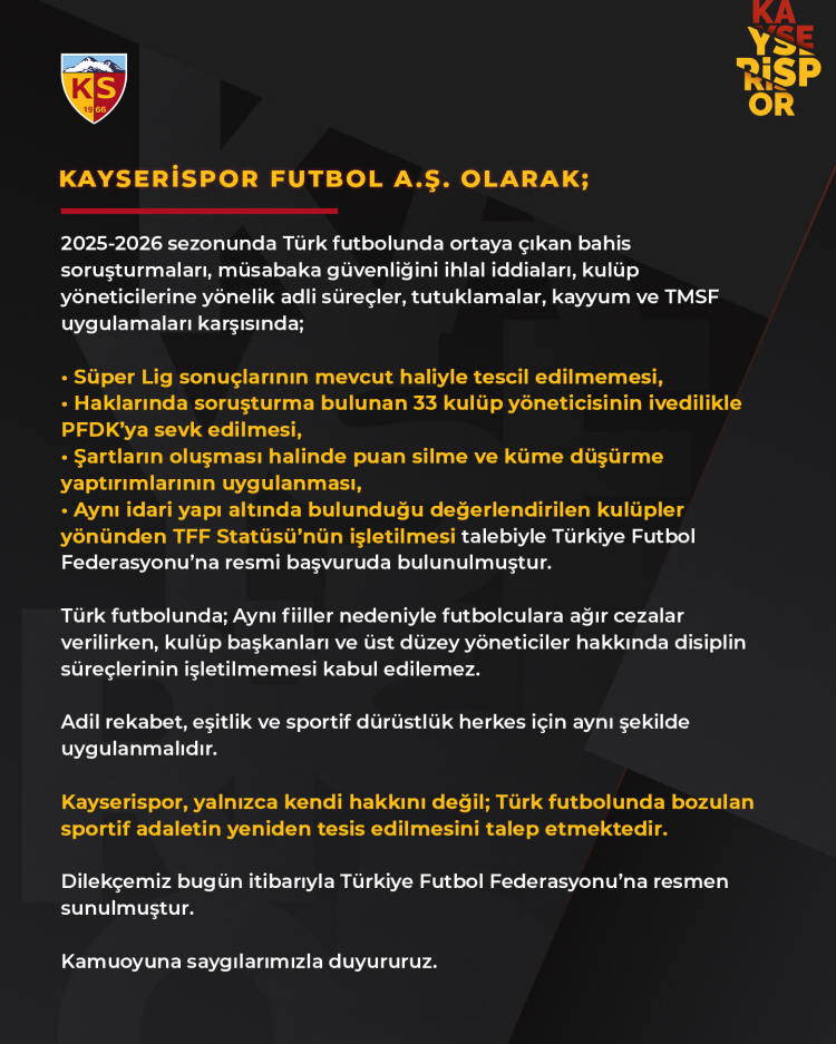 Kayserispor’dan TFF’ye dikkat çeken başvuru!