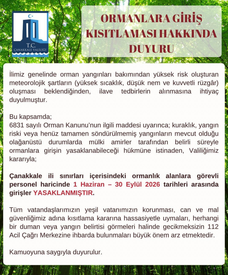 Çanakkale’de ormanlara girişler 30 Eylül’e kadar yasaklandı